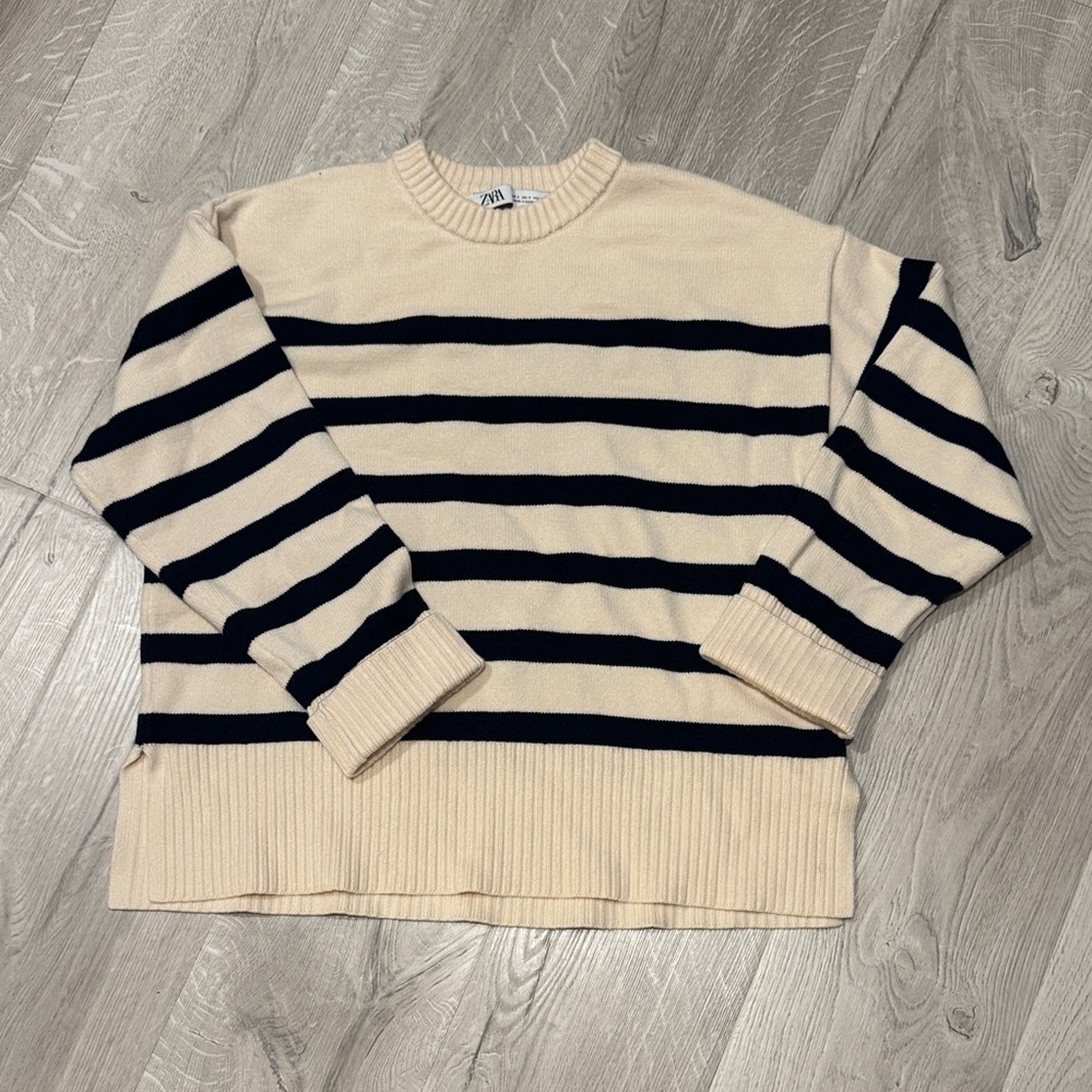 Zara Beige and Black Striped Crewneck Sweater